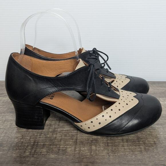 Miz Mooz Fleur Oxford Heel Shoes Size 8 Black Beige - Picture 4 of 12